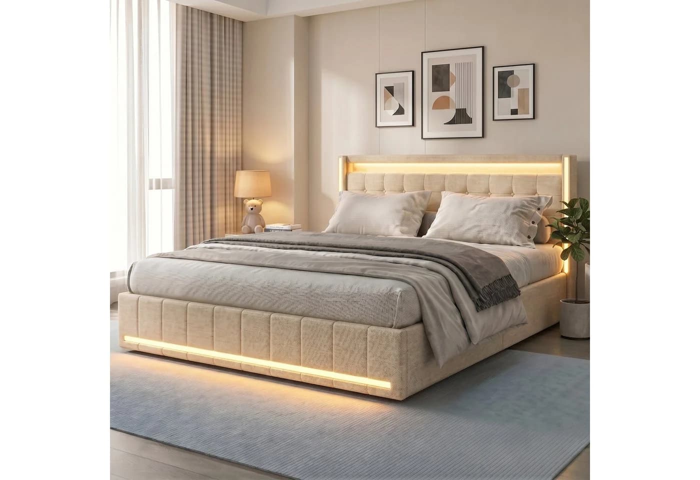 Simurq Polsterbett 180x200 cm mit LED, Ladefunktion & 4 Schubladen Beige - Bild 2