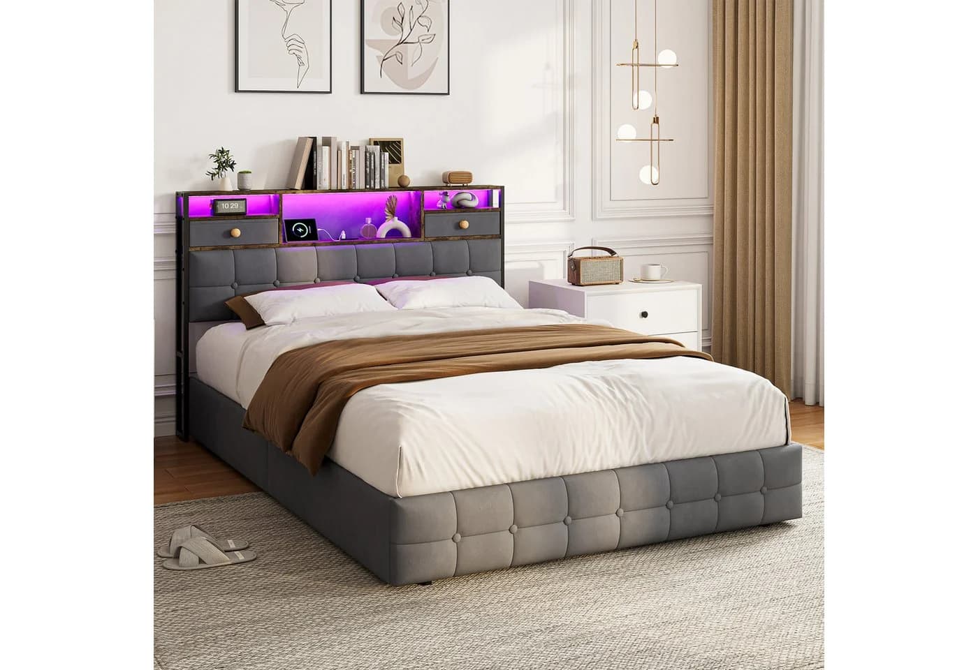 Gdood Polsterbett mit LED, Stauraum und USB-Anschluss Grau Samt - Bild 2