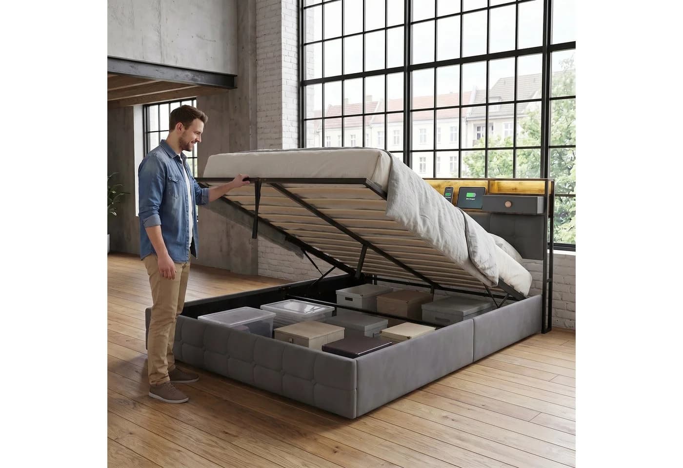 Gdood Polsterbett mit LED, Stauraum und USB-Anschluss Grau Samt - Bild 3