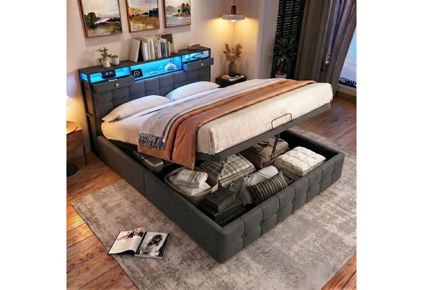 Gdood Polsterbett Stauraumbett mit LED-Beleuchtung und Samtbezug Grau - Bild 2