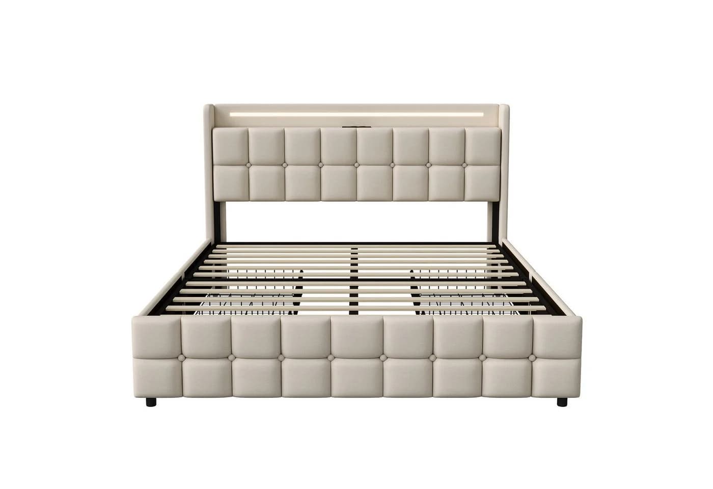 Simurq Polsterbett mit LED-Beleuchtung und Stauraum Beige Leinen