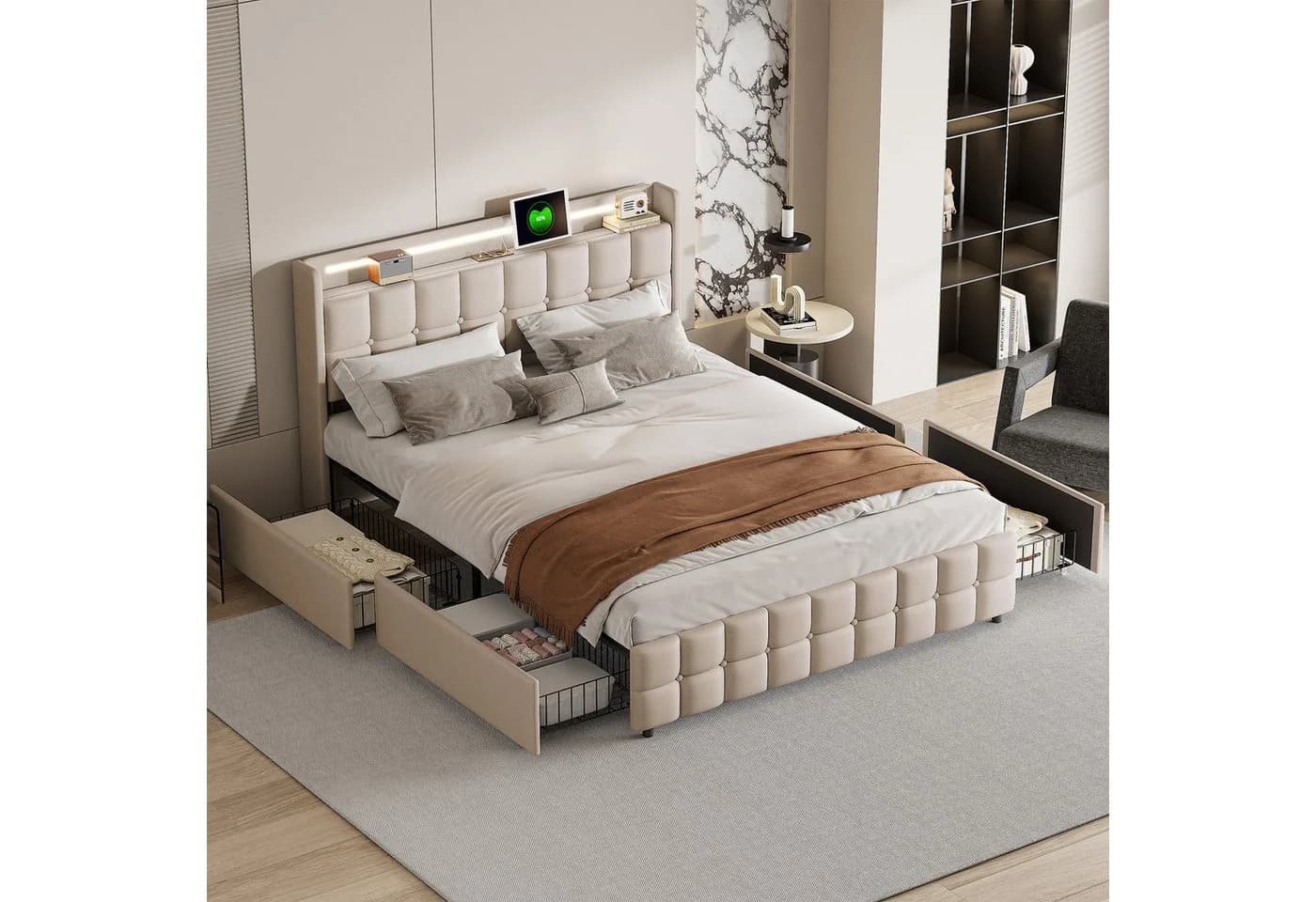 Simurq Polsterbett mit LED-Beleuchtung und Stauraum Beige Leinen - Bild 2