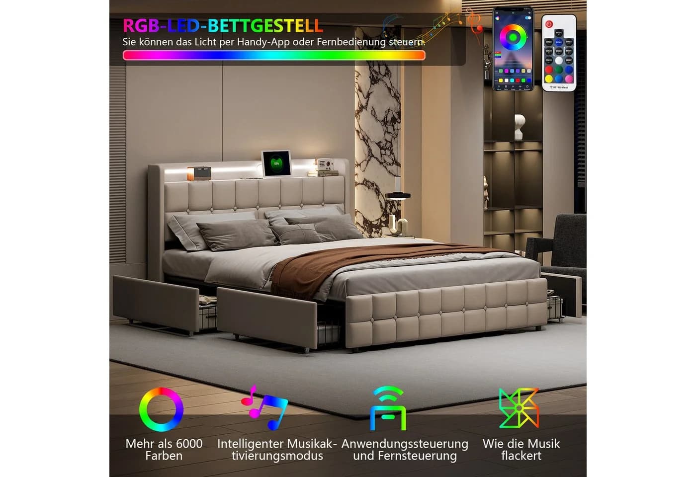 Simurq Polsterbett mit LED-Beleuchtung und Stauraum Beige Leinen - Bild 4
