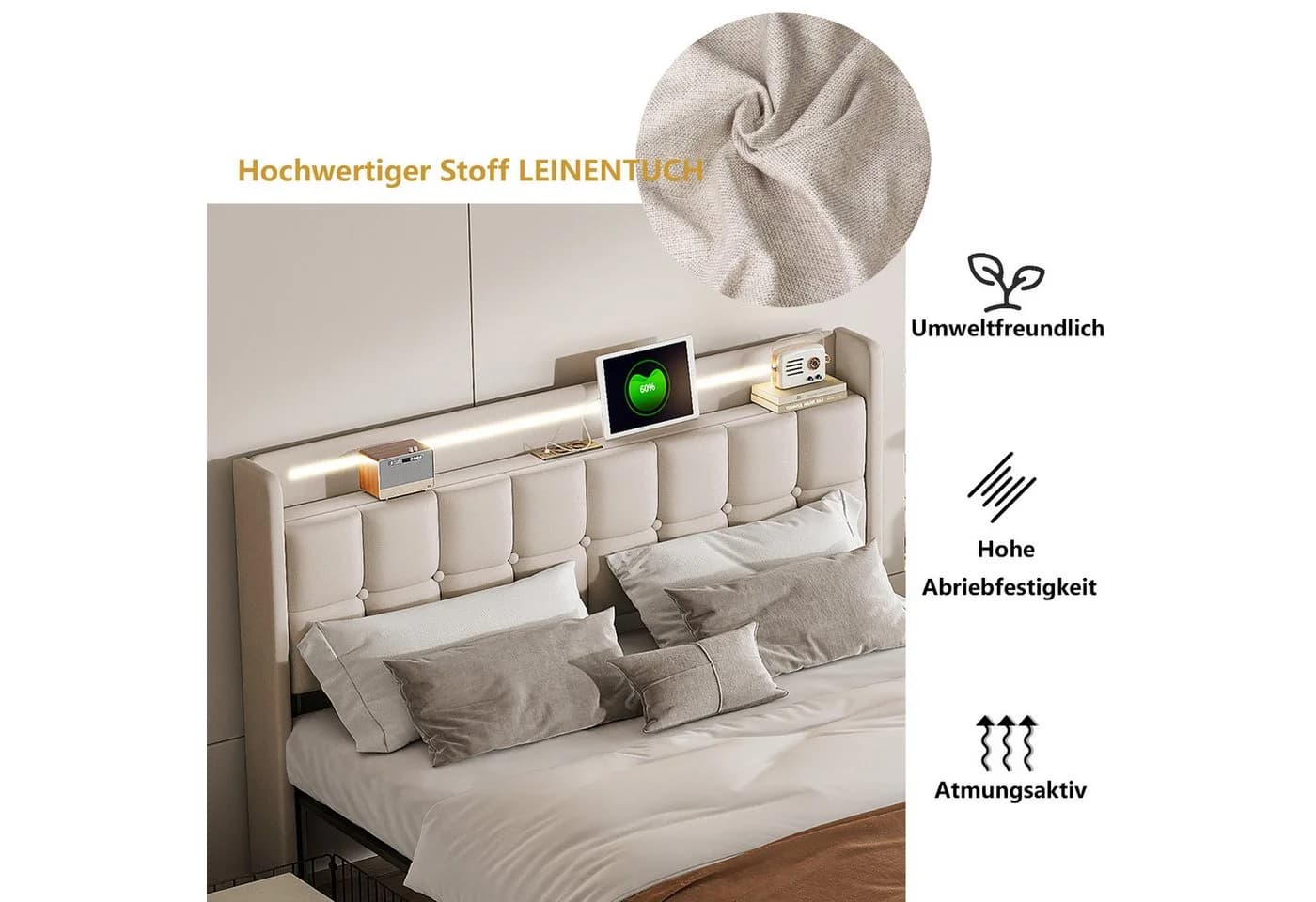 Simurq Polsterbett mit LED-Beleuchtung und Stauraum Beige Leinen - Bild 5