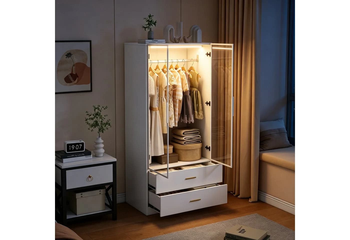 Furnishings Home Kleiderschrank mit LED-Beleuchtung und Glastür Weiß