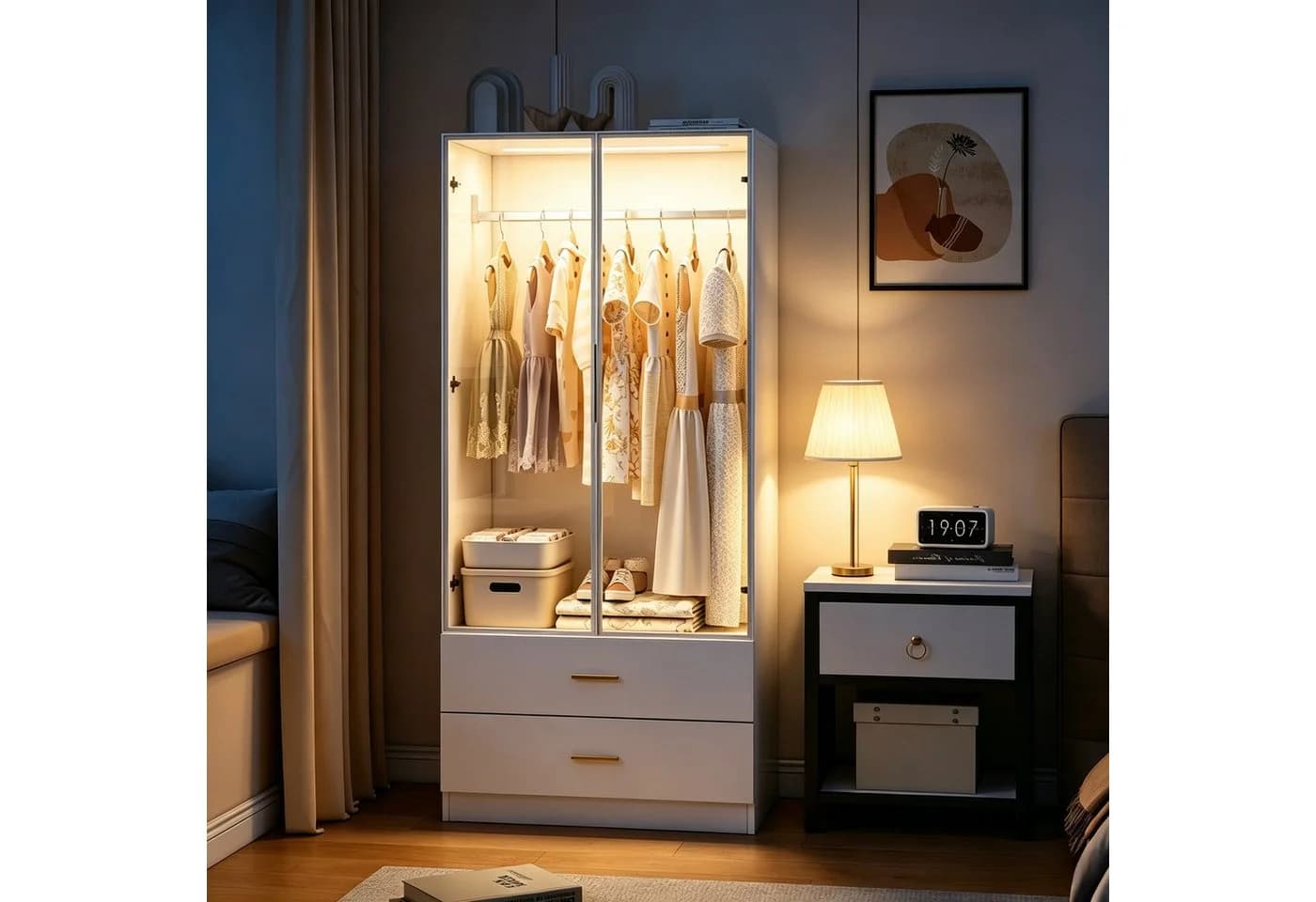 Furnishings Home Kleiderschrank mit LED-Beleuchtung und Glastür Weiß - Bild 2