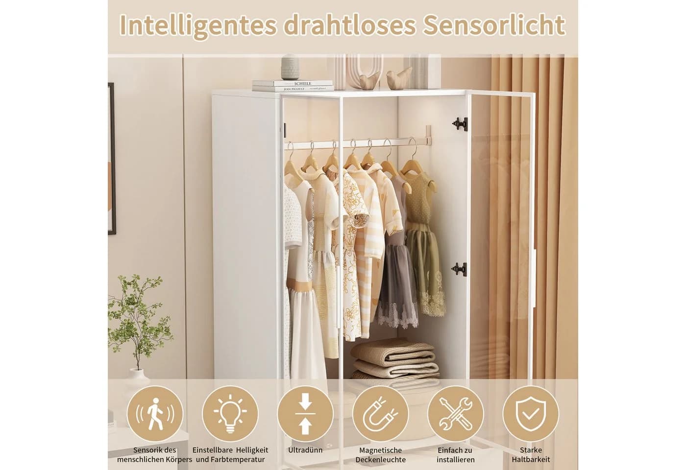 Furnishings Home Kleiderschrank mit LED-Beleuchtung und Glastür Weiß - Bild 3