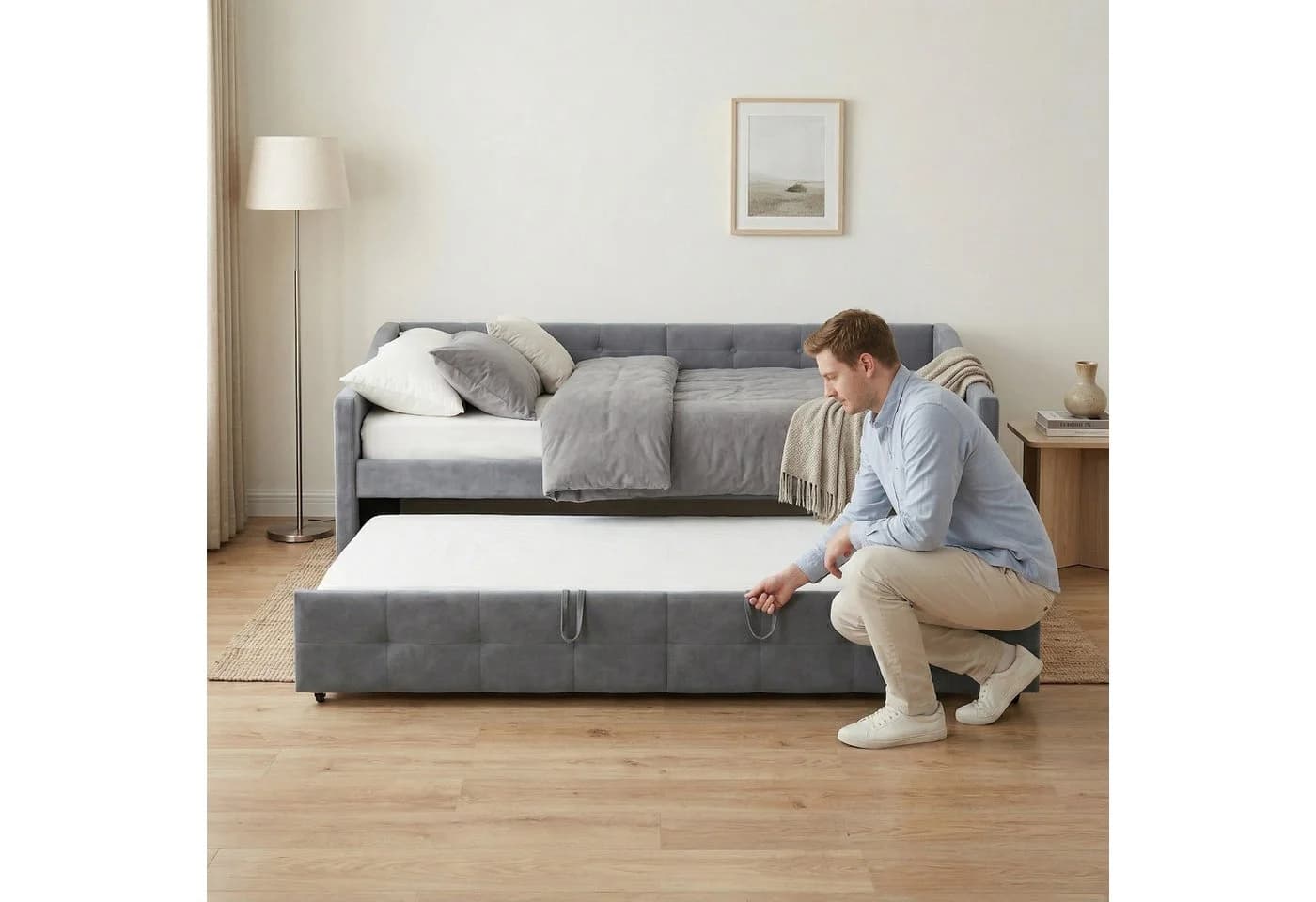 Gdood Polsterbett Ausziehbar Samt Grau - Bild 5