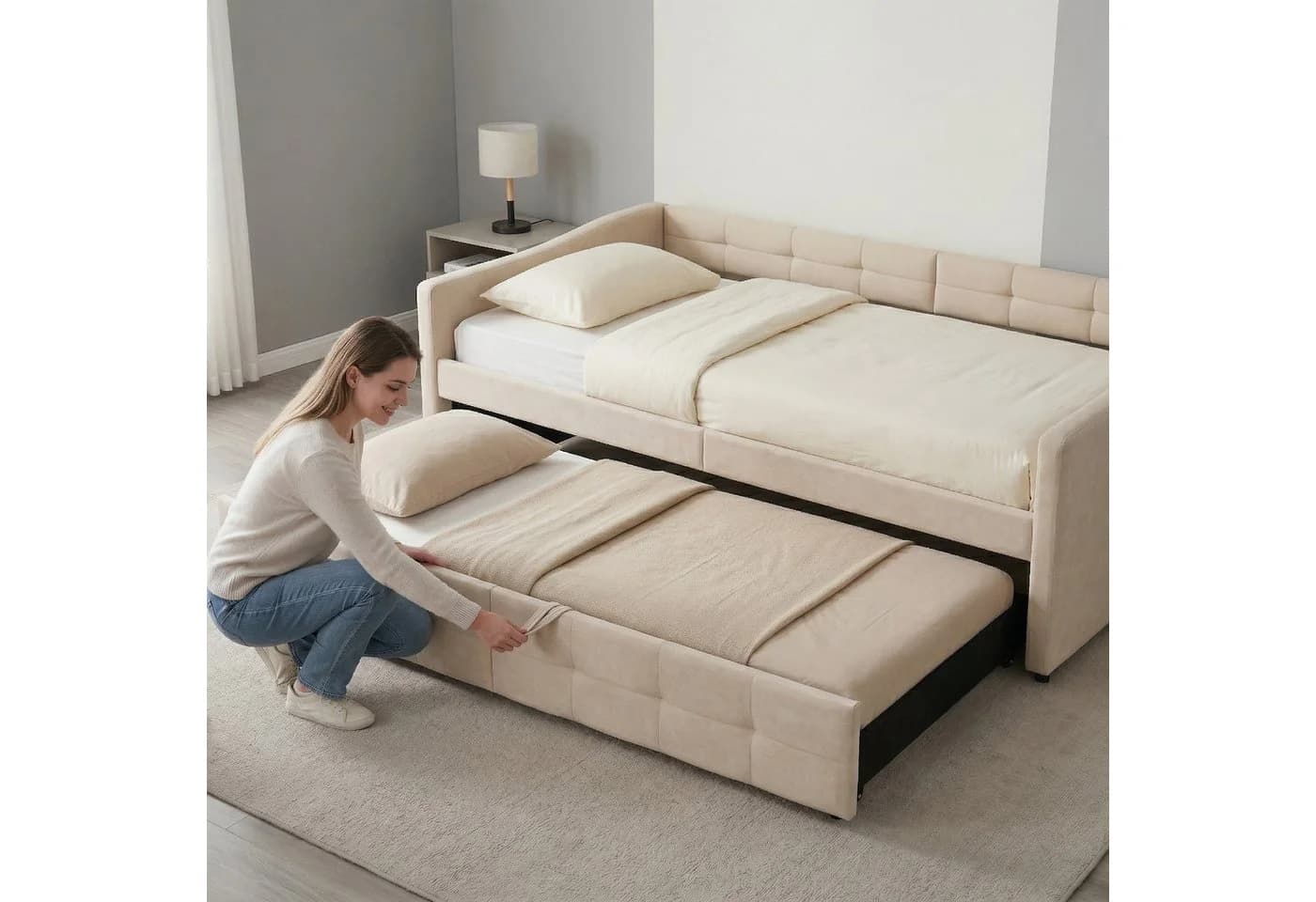 Gdood Polsterbett Ausziehbar Samt Beige - Bild 5