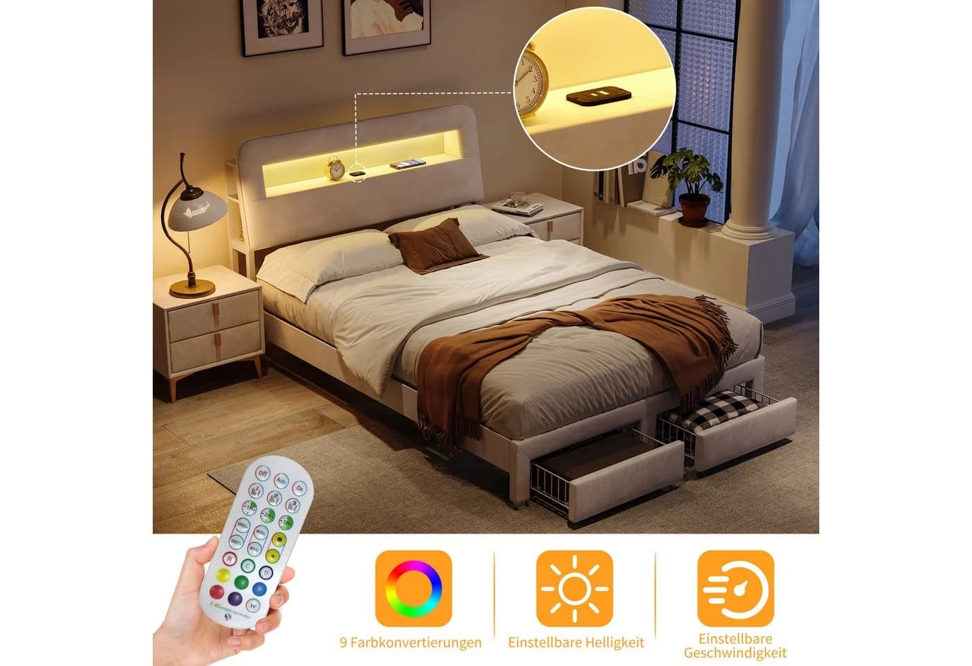 Gdood Polsterbett LED mit Stauraum und USB-Anschlüssen - Bild 4