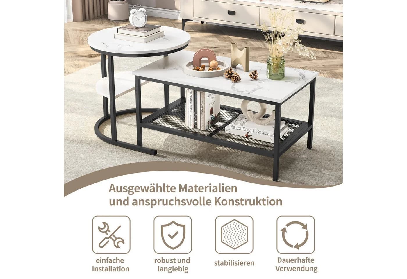 Gdood Couchtisch 2er Set Marmoroptik Schwarz - Bild 5