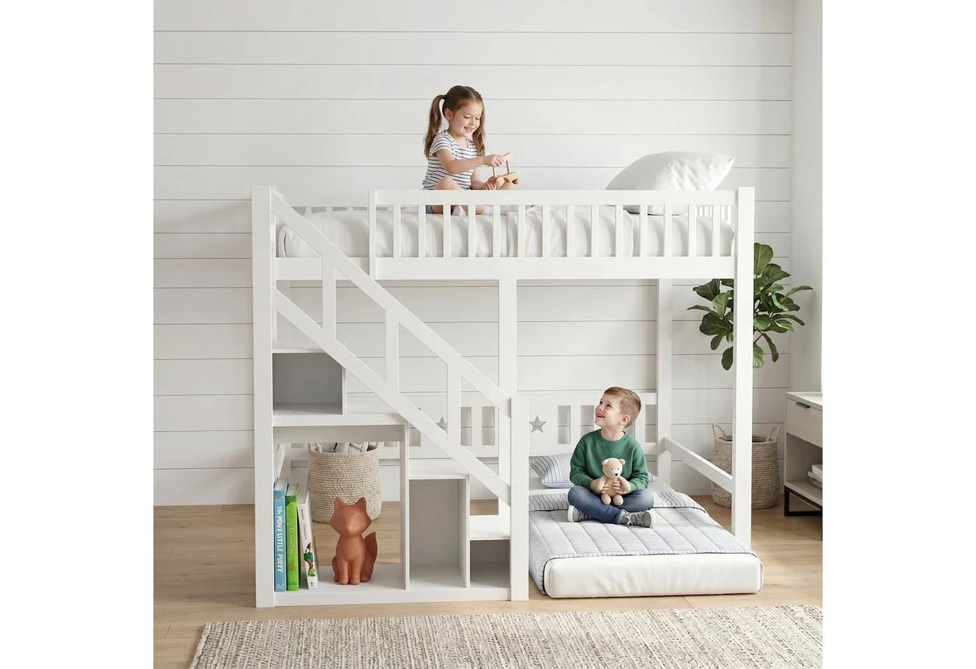 Gdood Hochbett mit Stauraum und Treppe Weiß 140x200 cm