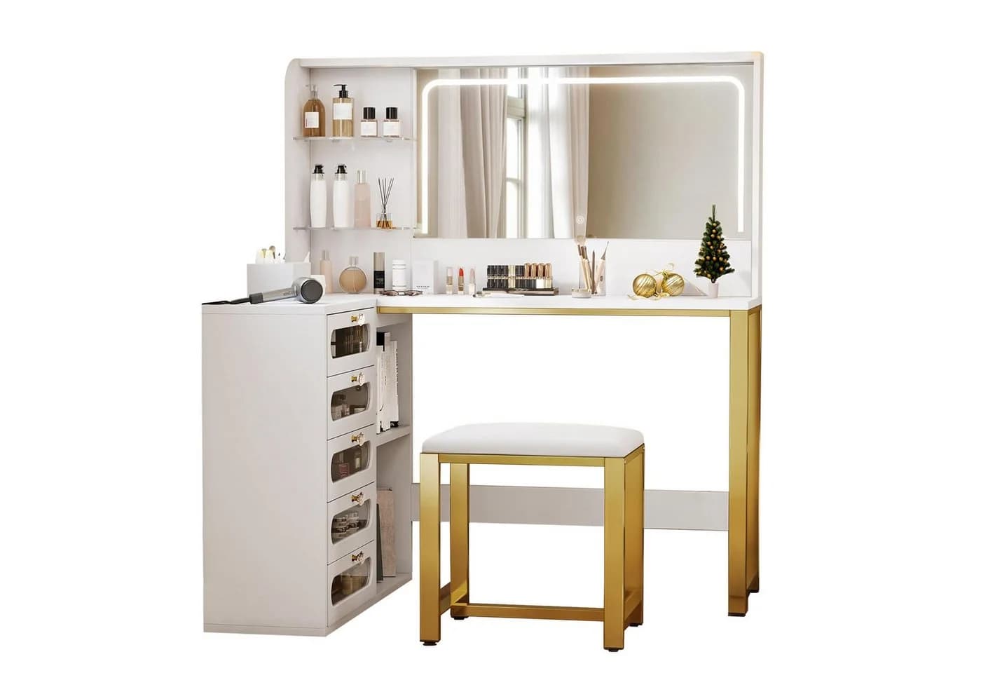 Gdood Schminktisch LED Ablagetisch Frisiertisch Eckschreibtisch 120x80x135 cm Weiß
