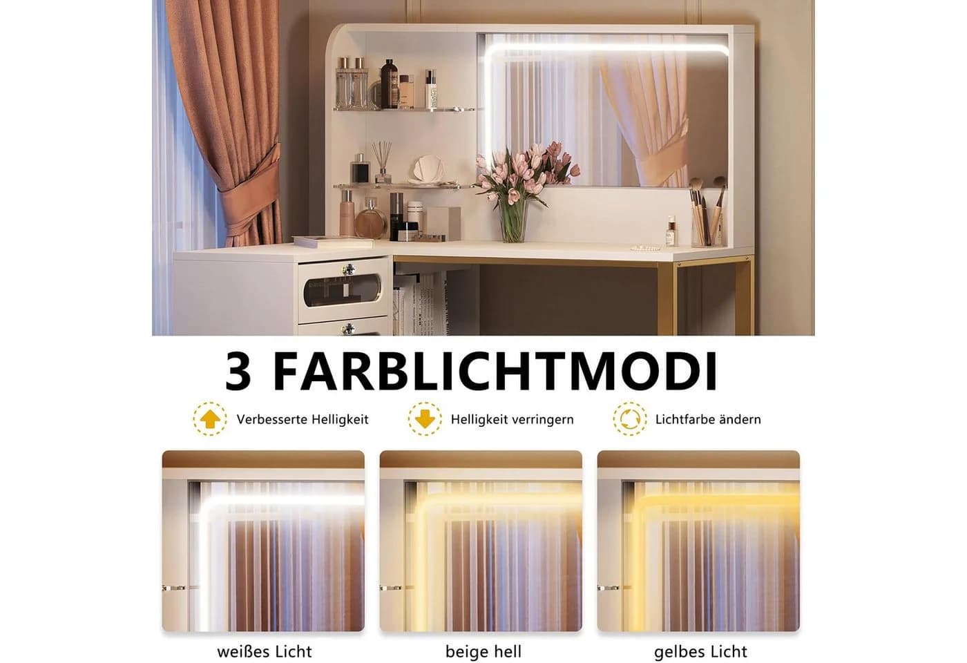 Gdood Schminktisch LED Ablagetisch Frisiertisch Eckschreibtisch 120x80x135 cm Weiß - Bild 4