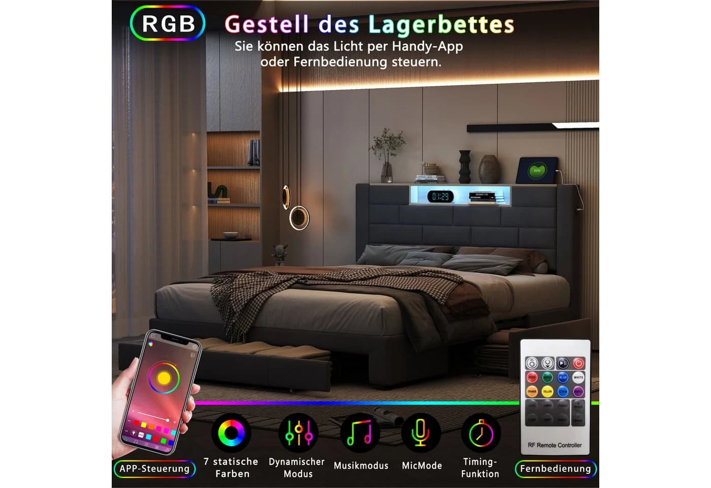 Furnishings Home LED Polsterbett mit Stauraum und Lattenrost Grau - Bild 3