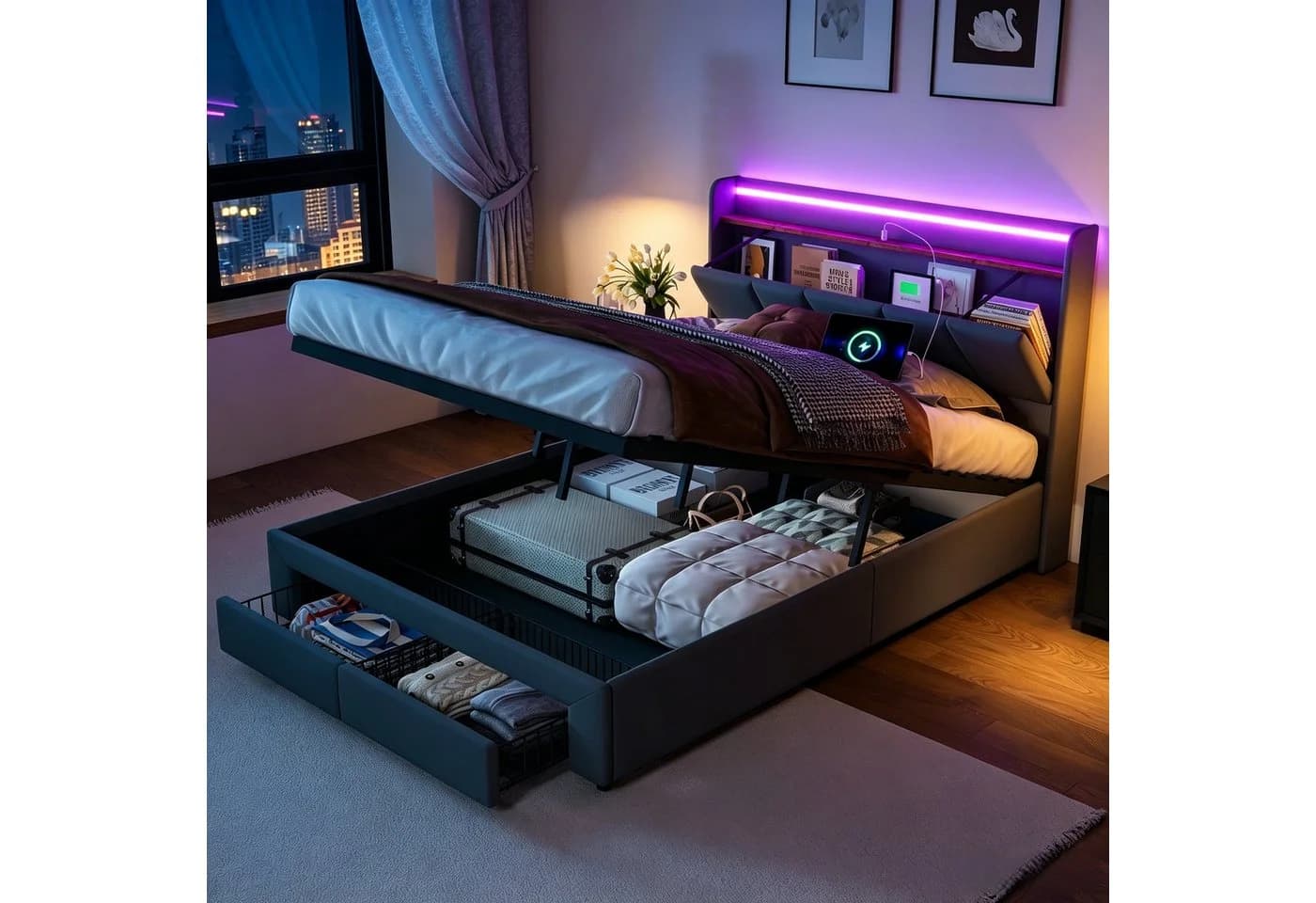 Gdood Polsterbett Stauraumbett LED Doppelbett Grau Leinen - Bild 2