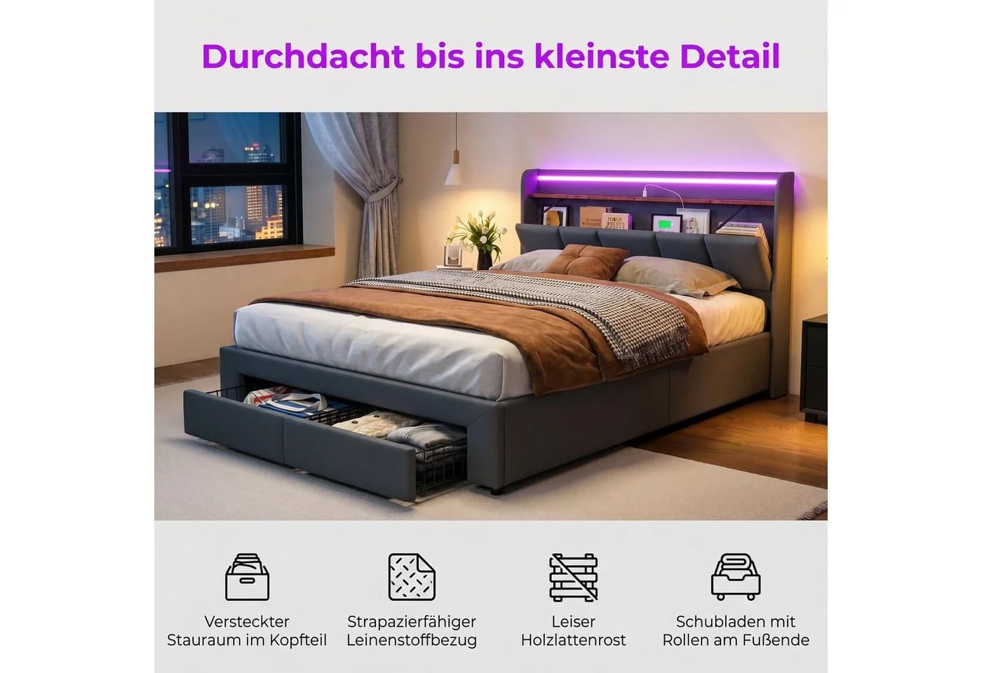 Gdood Polsterbett Stauraumbett LED Doppelbett Grau Leinen - Bild 3