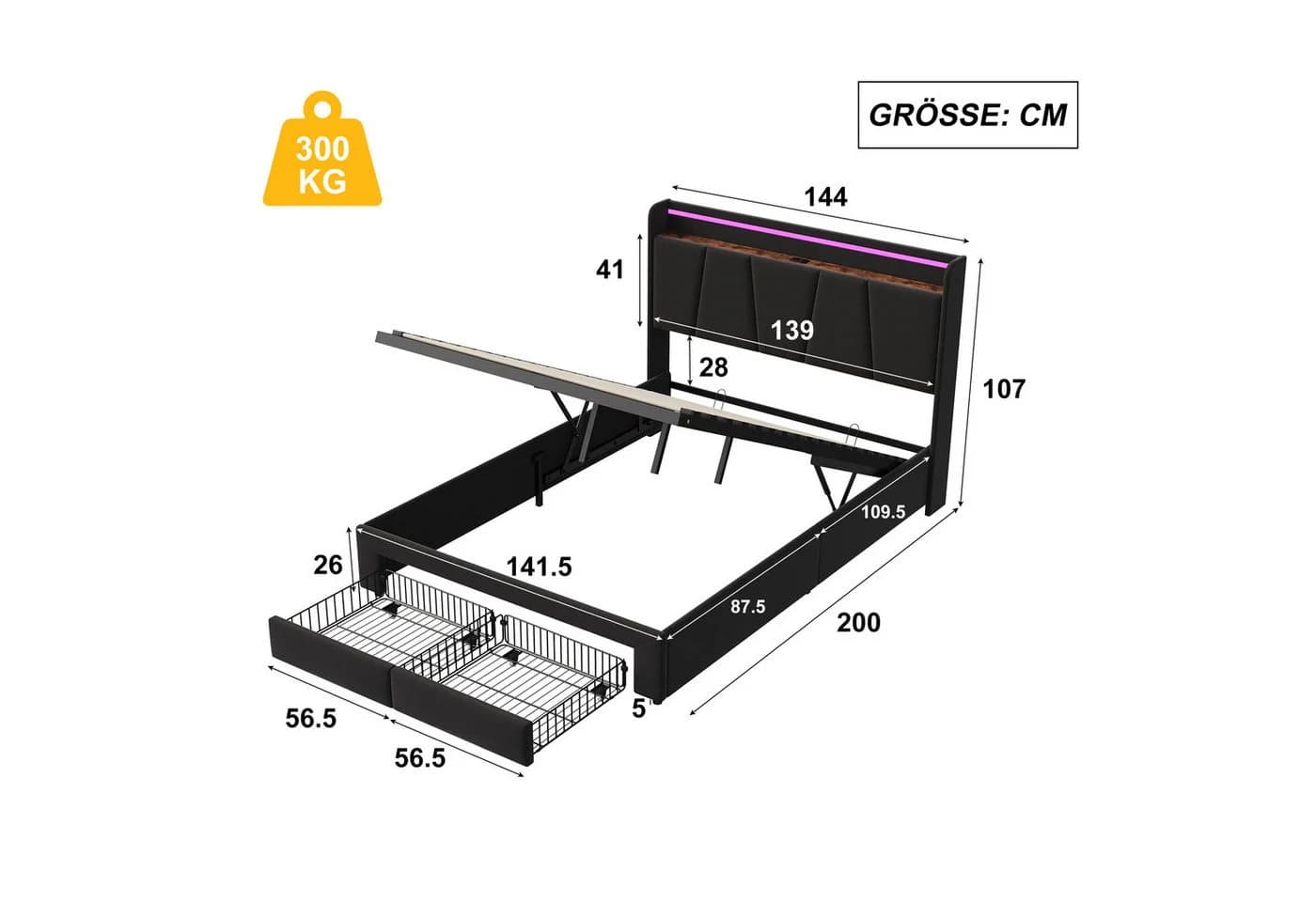 Gdood Polsterbett Stauraumbett LED Doppelbett Grau Leinen - Bild 5
