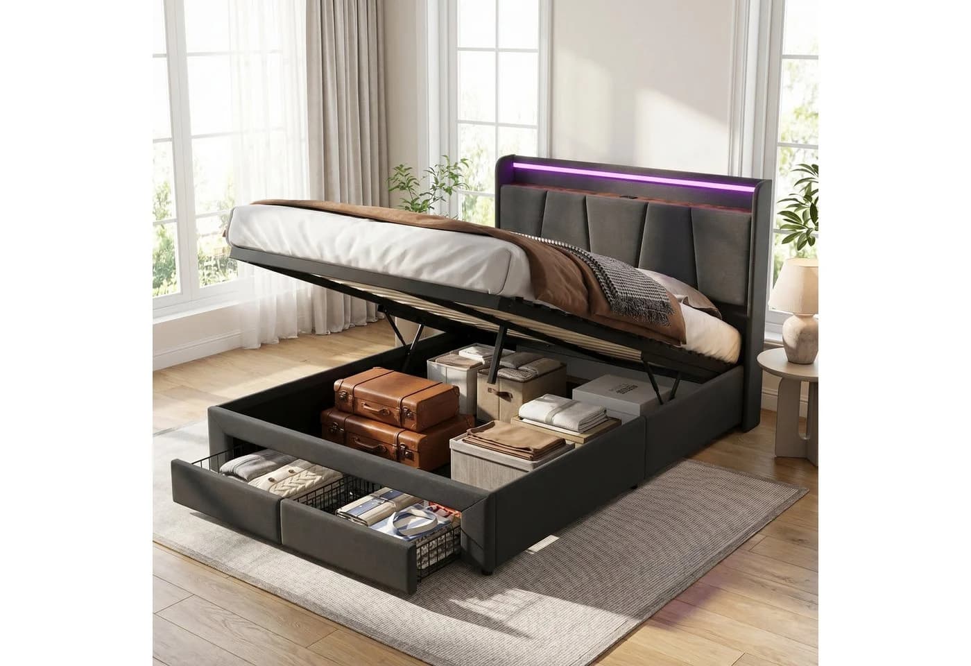 Furnishings Home LED Polsterbett 140x200 cm Grau mit Stauraum - Bild 2