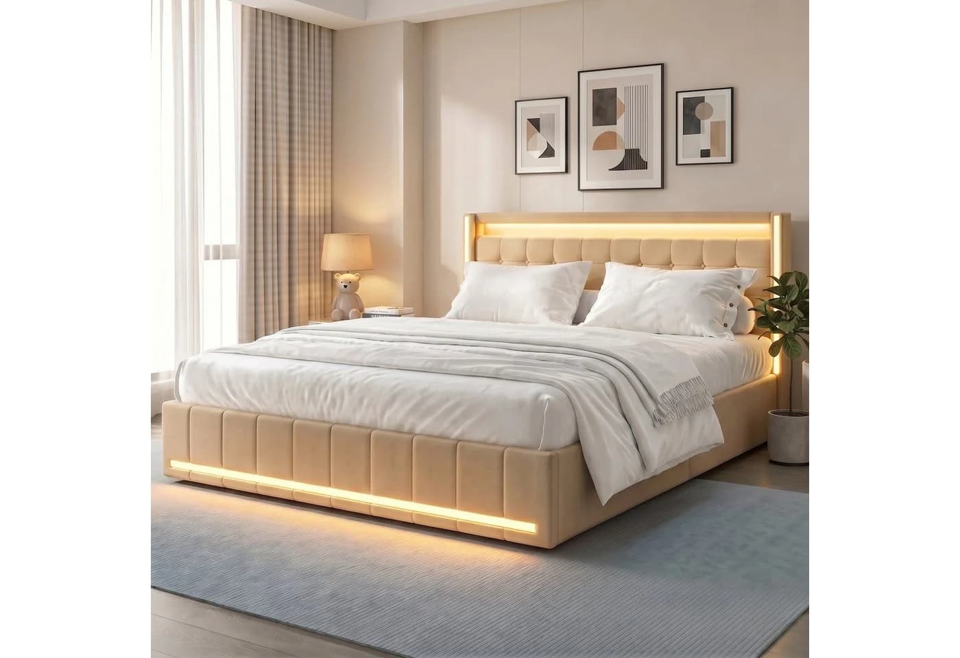 Furnishings Home LED Polsterbett Beige mit Stauraum und Lattenrost - Bild 2