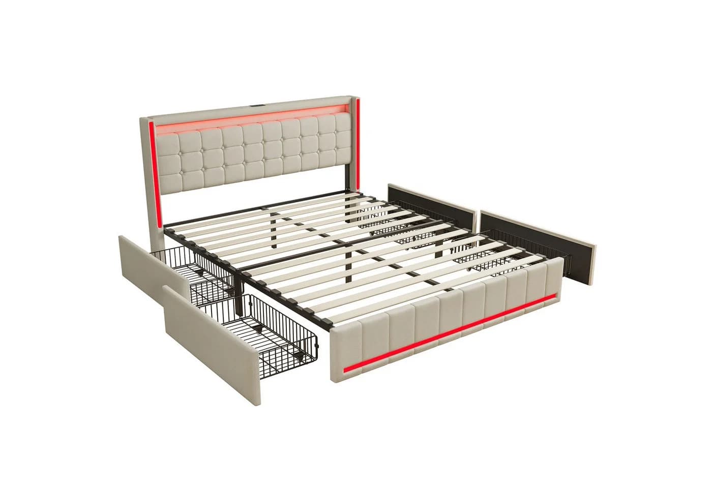 Furnishings Home LED Polsterbett Beige mit Stauraum und Lattenrost - Bild 4