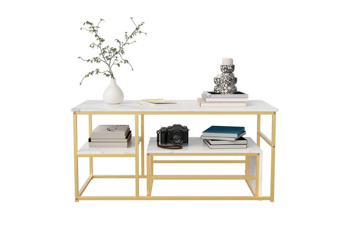 Gdood Couchtisch-Set 2-tlg. Stapelbar Marmoroptik Gold