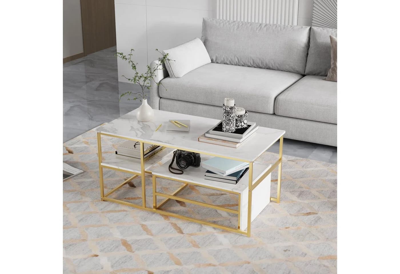 Gdood Couchtisch-Set 2-tlg. Stapelbar Marmoroptik Gold - Bild 2