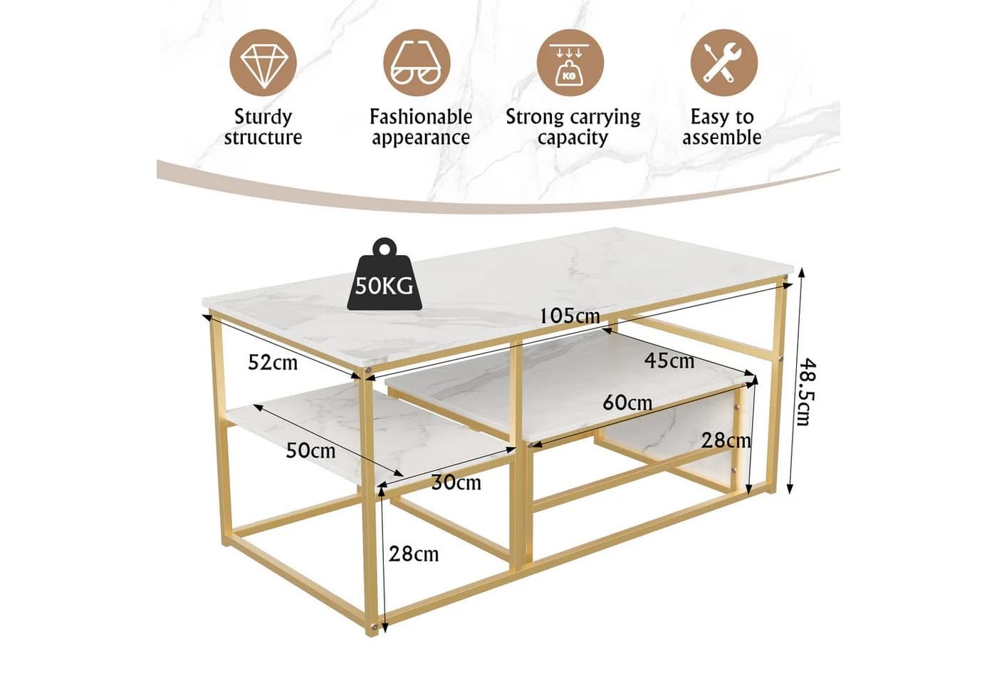 Gdood Couchtisch-Set 2-tlg. Stapelbar Marmoroptik Gold - Bild 3