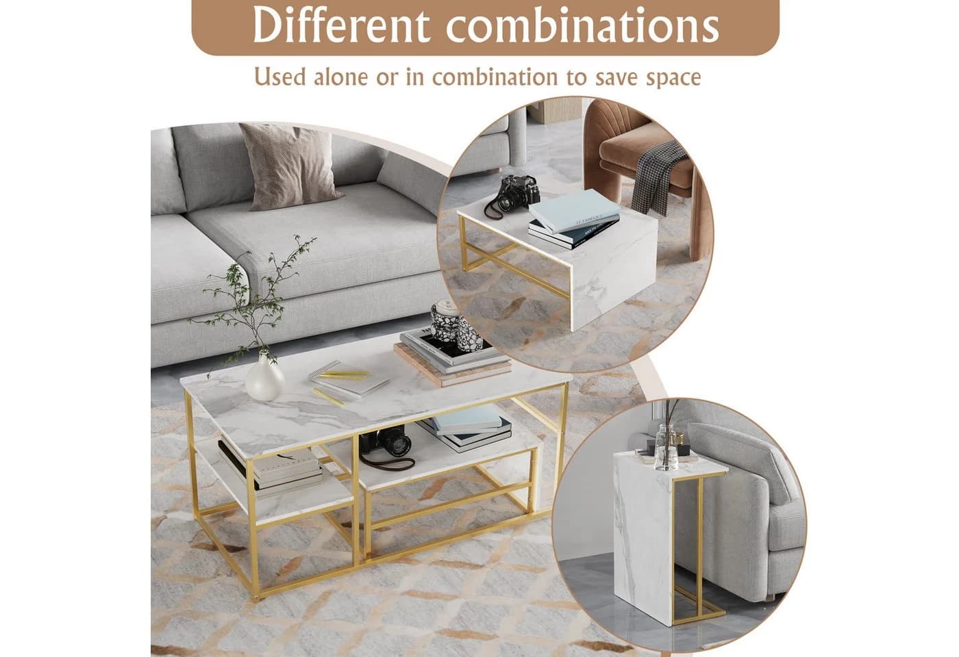 Gdood Couchtisch-Set 2-tlg. Stapelbar Marmoroptik Gold - Bild 4