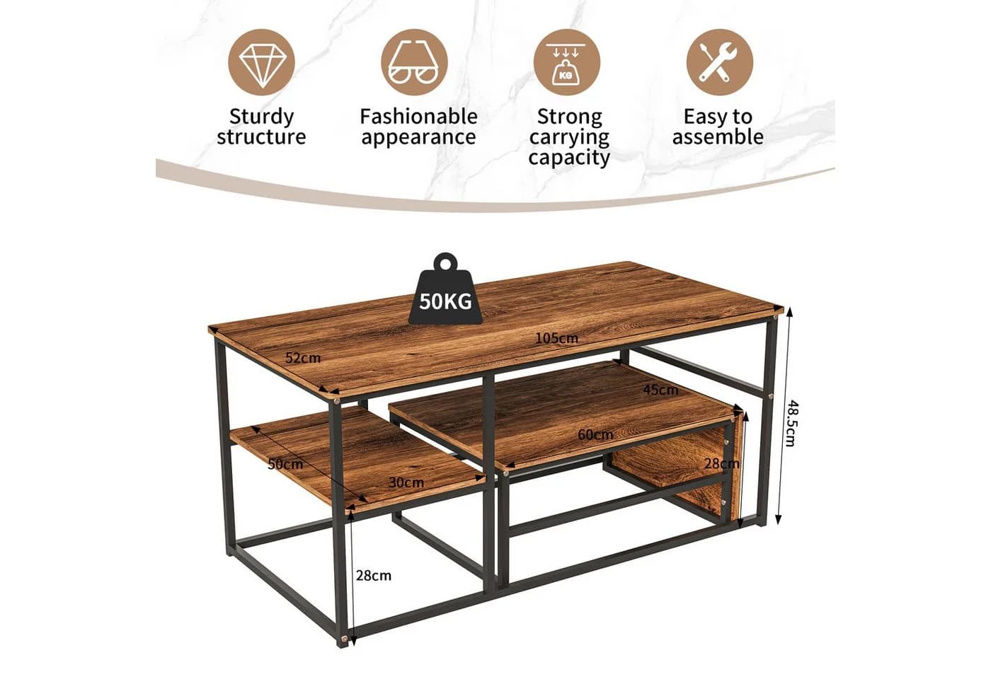 Gdood Couchtisch Rechteck Holzmaserung Stapelbar - Bild 3