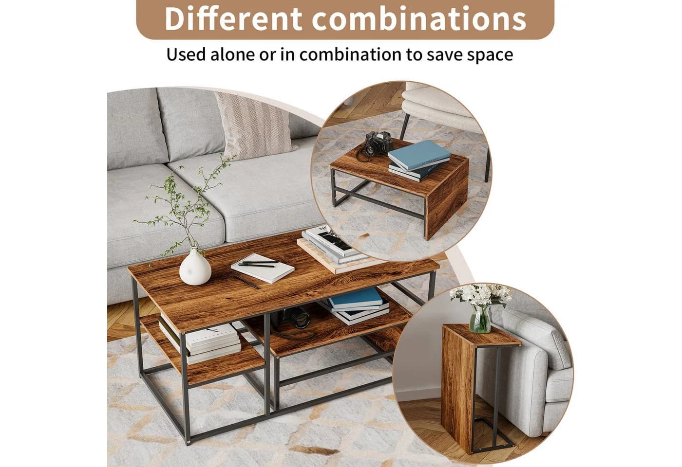 Gdood Couchtisch Rechteck Holzmaserung Stapelbar - Bild 4