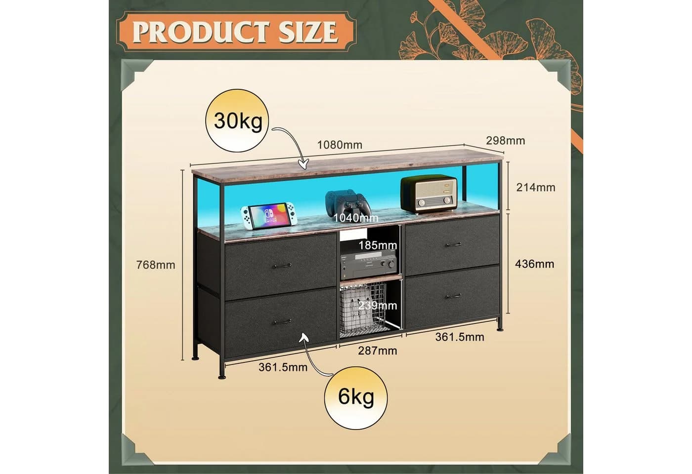 Gdood TV-Schrank Schreibtisch Beistelltisch LED 108x29,8x76,8 cm - Bild 3