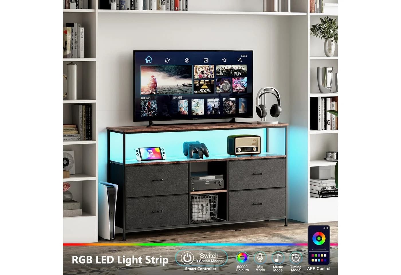 Gdood TV-Schrank Schreibtisch Beistelltisch LED 108x29,8x76,8 cm - Bild 4