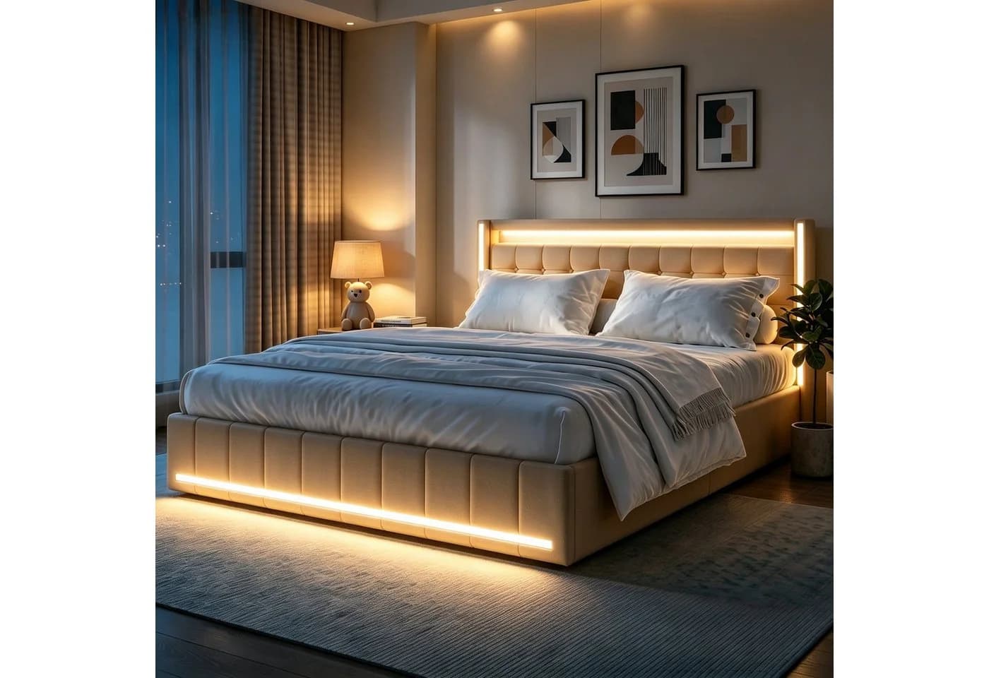 Simurq Polsterbett mit LED-Beleuchtung und Ladefunktion Beige - Bild 2