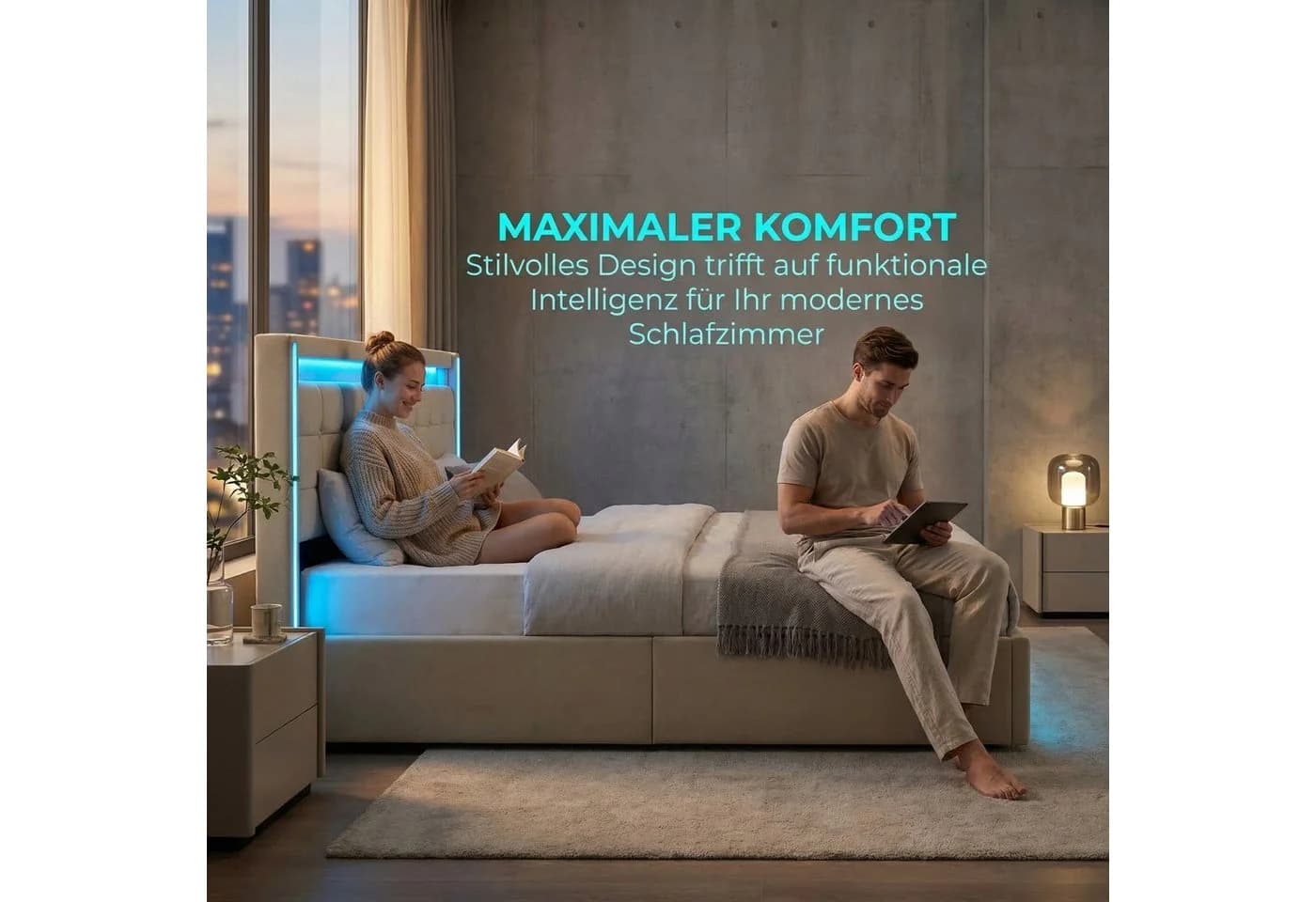 Simurq Polsterbett mit LED-Beleuchtung und Ladefunktion Beige - Bild 3