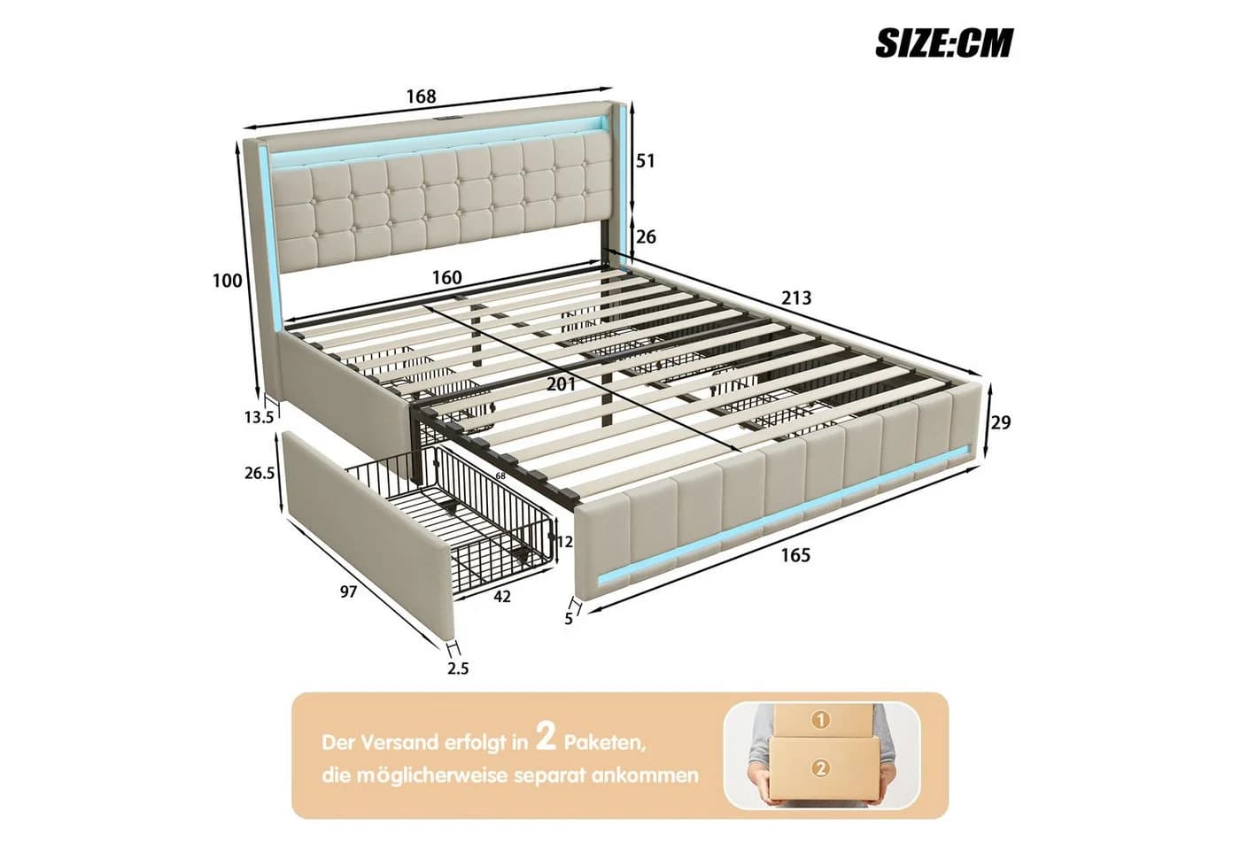 Simurq Polsterbett mit LED-Beleuchtung und Ladefunktion Beige - Bild 5