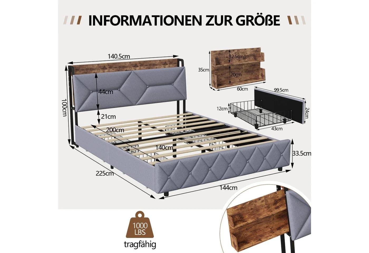 Gdood Polsterbett 140x200 cm USB Ladestation Stauraumbett - Bild 3
