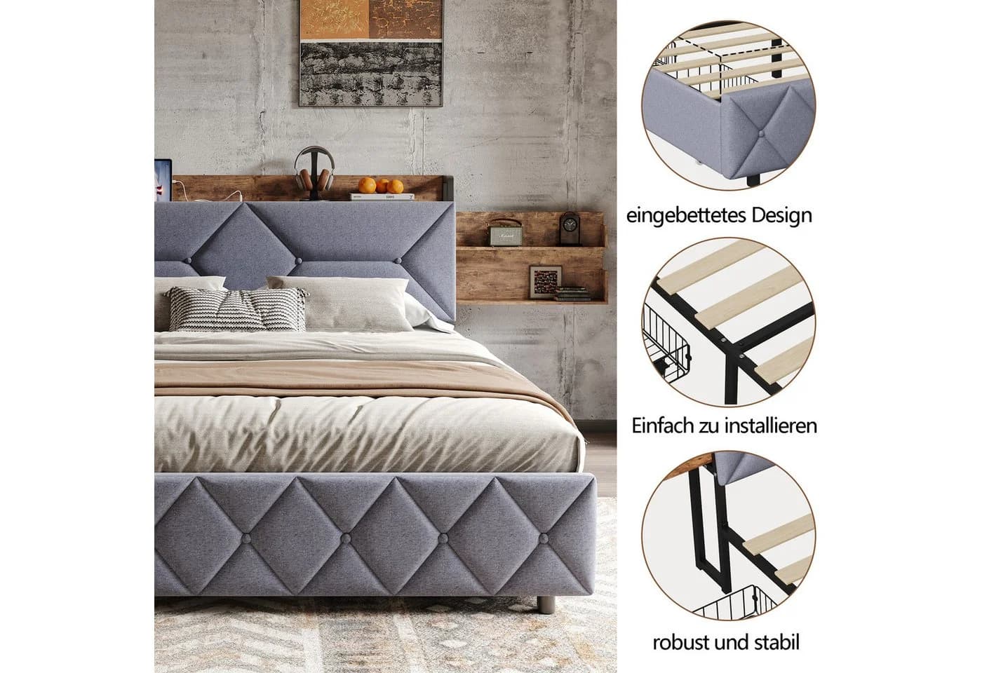 Gdood Polsterbett 140x200 cm USB Ladestation Stauraumbett - Bild 4