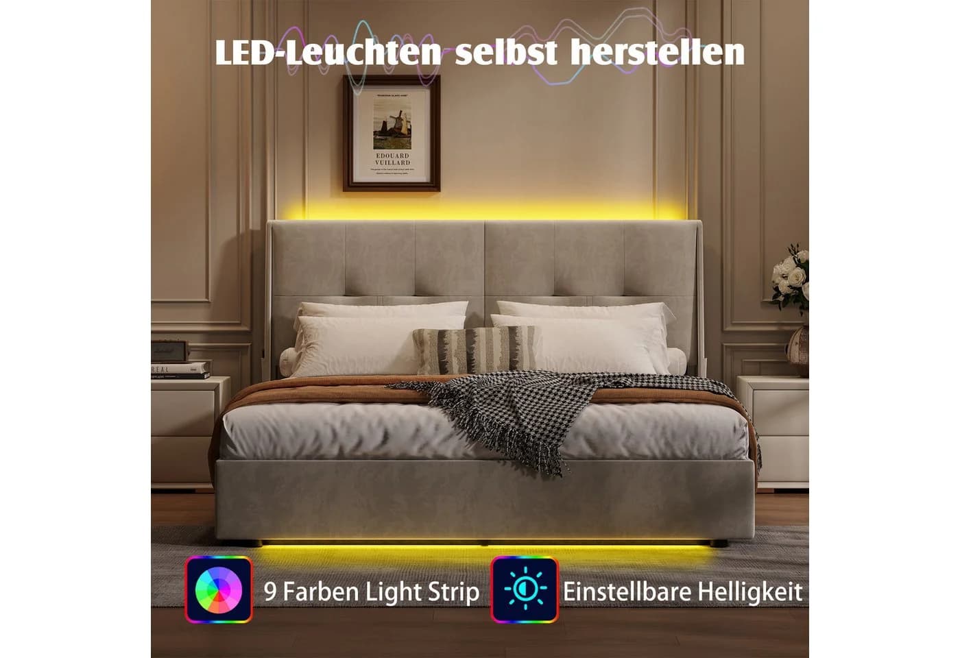 Modernes Polsterbett aus Holz, Metall und Samt - Bild 4
