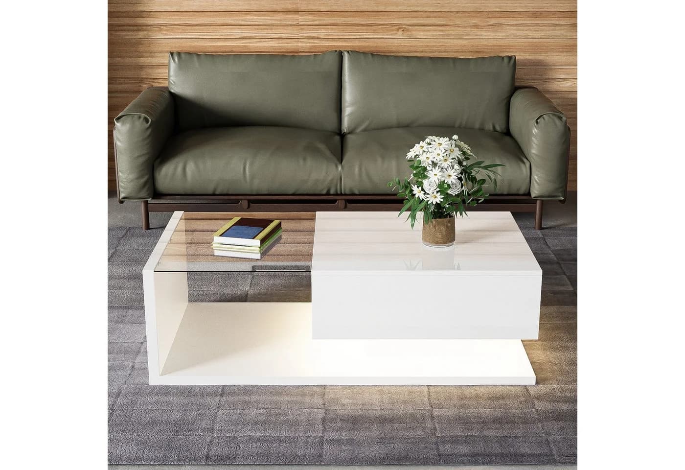 Furnishings Home Couchtisch mit LED-Effekt und Staufach, Weiß/Holzoptik