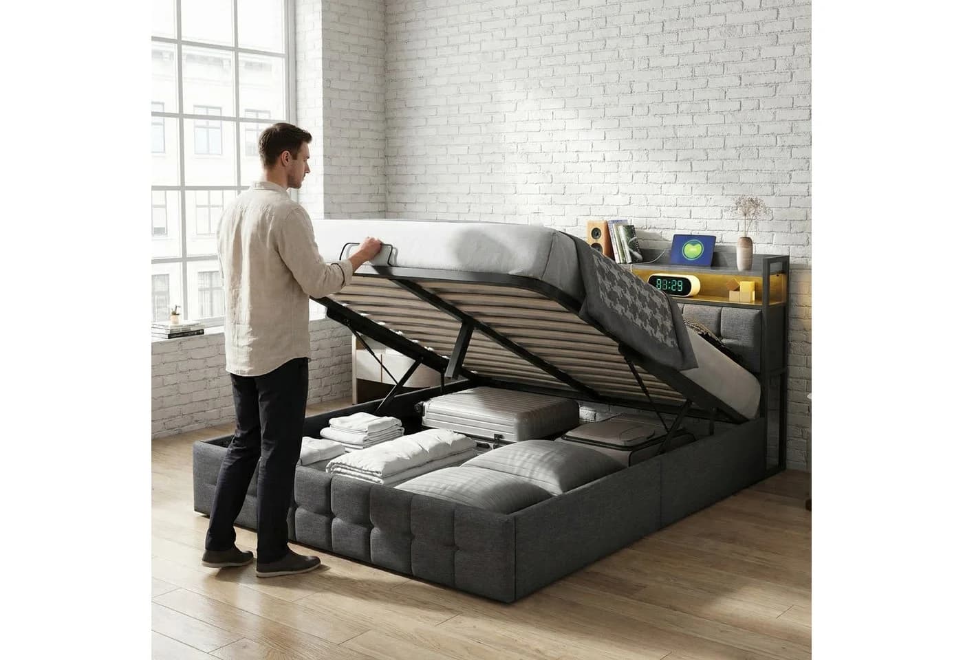 Modernes Polsterbett aus Holz, Metall und Leinen - Bild 4