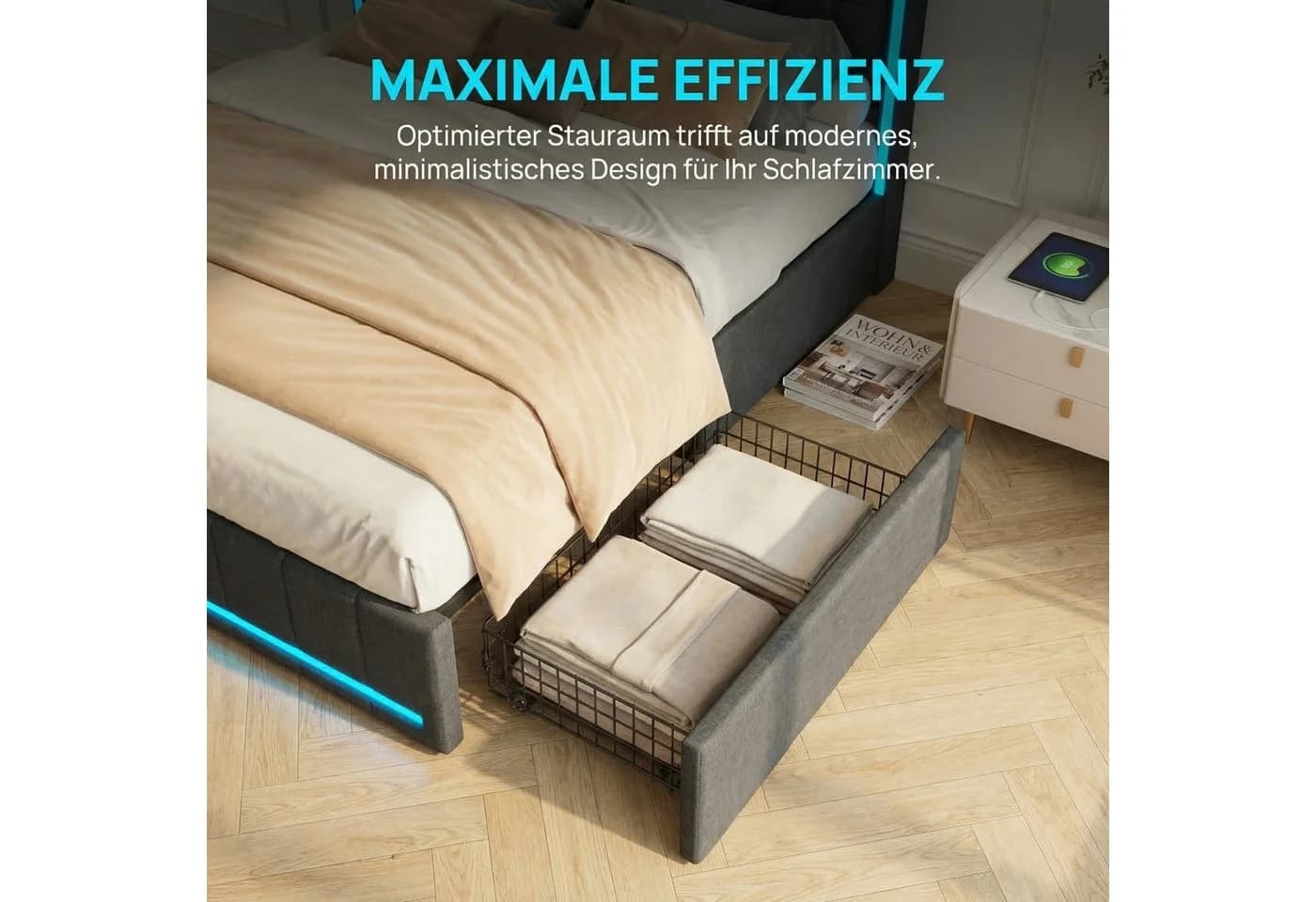 Gdood Polsterbett Grau LED mit Stauraum und USB-Anschluss - Bild 3