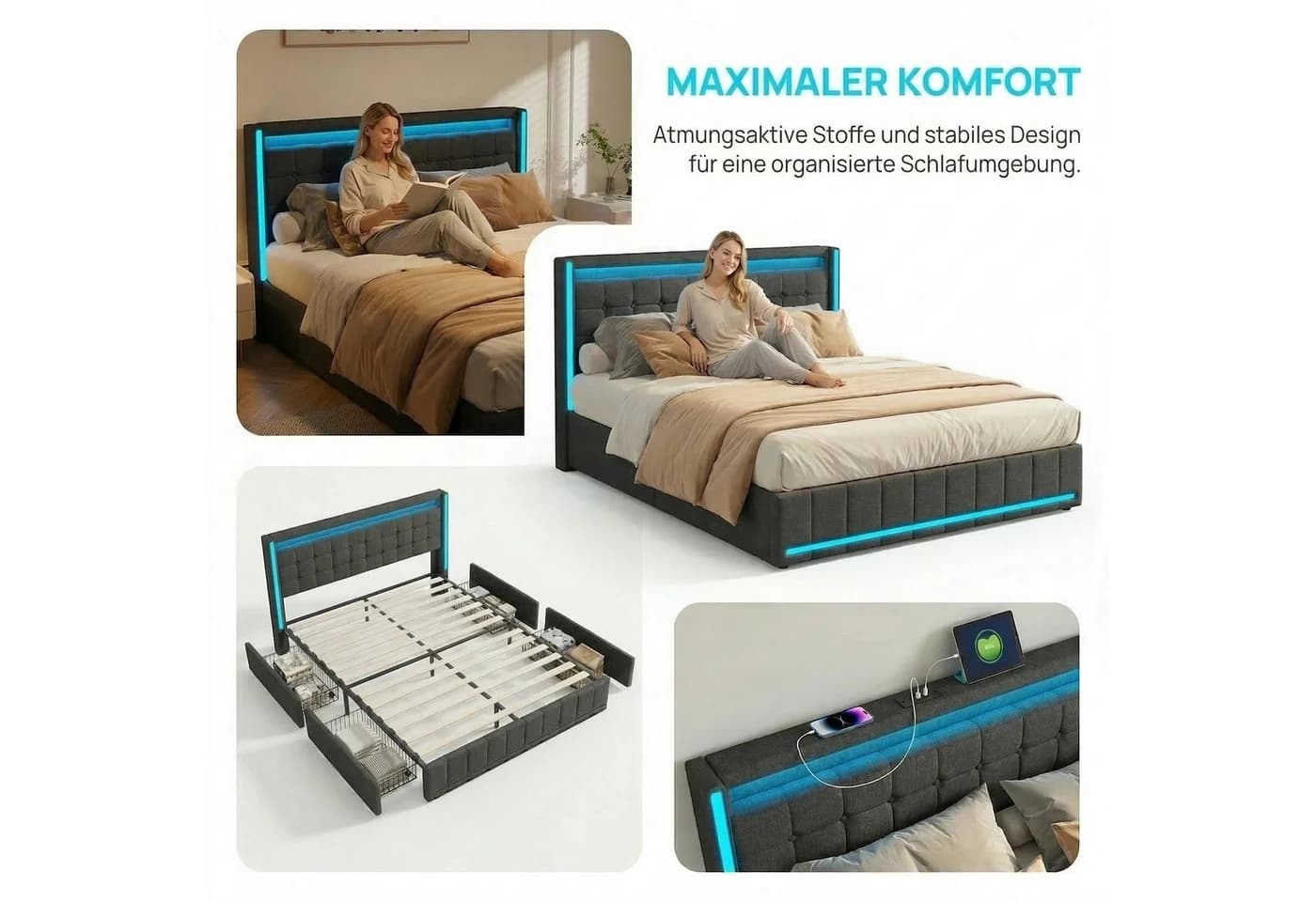 Gdood Polsterbett Grau LED mit Stauraum und USB-Anschluss - Bild 4