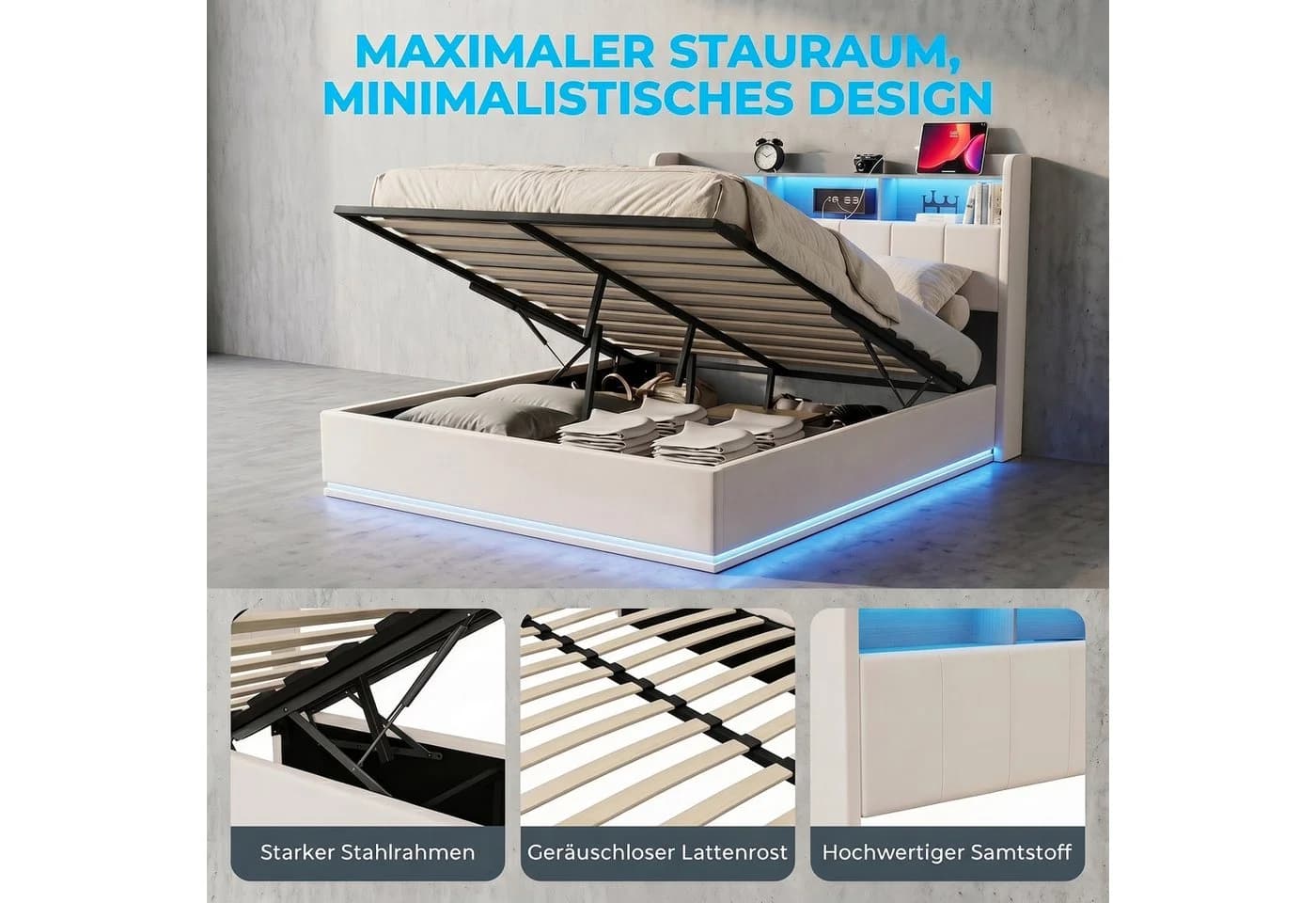 Gdood LED Polsterbett 160x200 cm Beige Samt - Bild 3