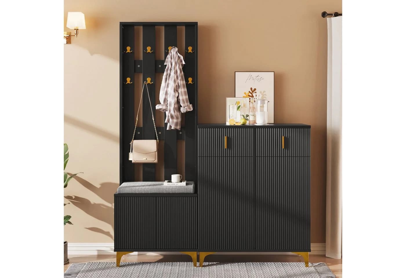 Furnishings Home Garderobenset mit Schuhbank, Schwarz, Push-to-Open