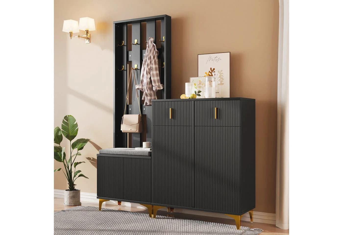 Furnishings Home Garderobenset mit Schuhbank, Schwarz, Push-to-Open - Bild 2