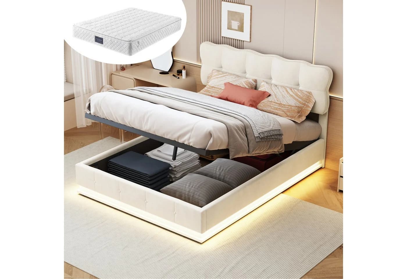 Furnishings Home Polsterbett mit LED, Samt & Bettkasten - Bild 2