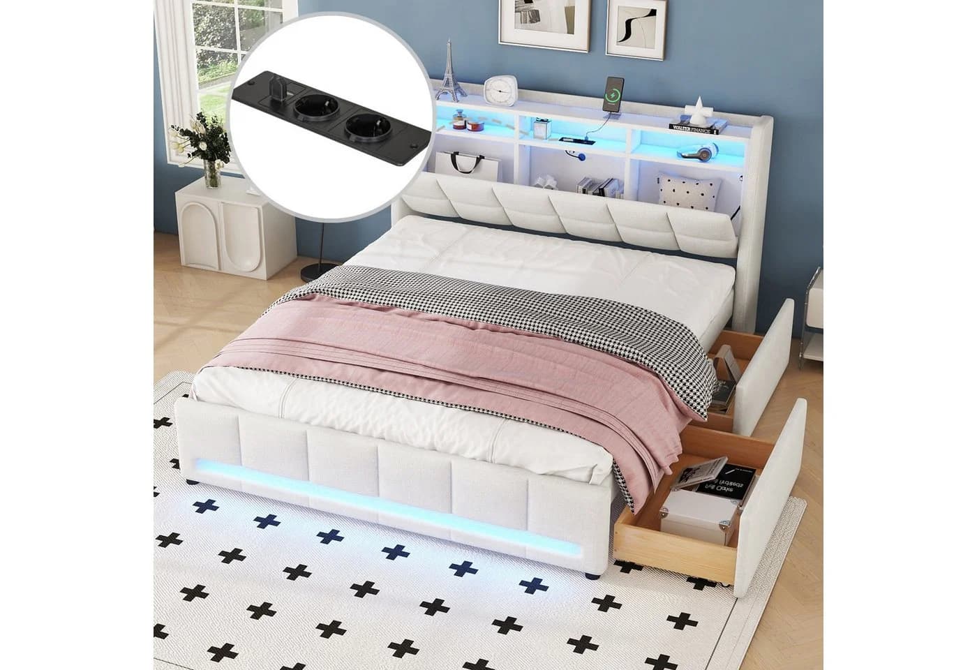 Furnishings Home Polsterbett mit LED, Schubladen & USB, Leinen Beige - Bild 4
