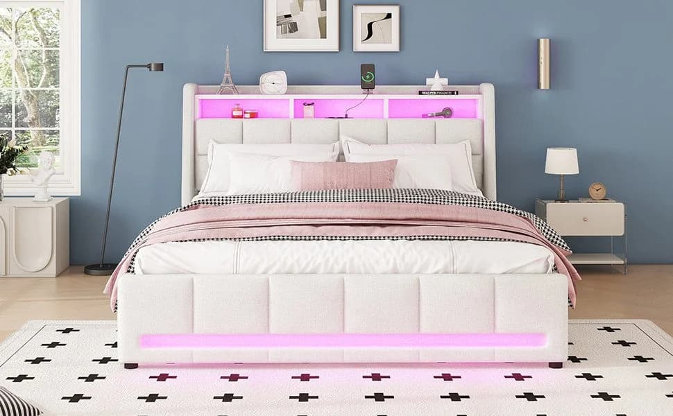 Furnishings Home Polsterbett mit LED, Schubladen & USB, Leinen Beige - Bild 5