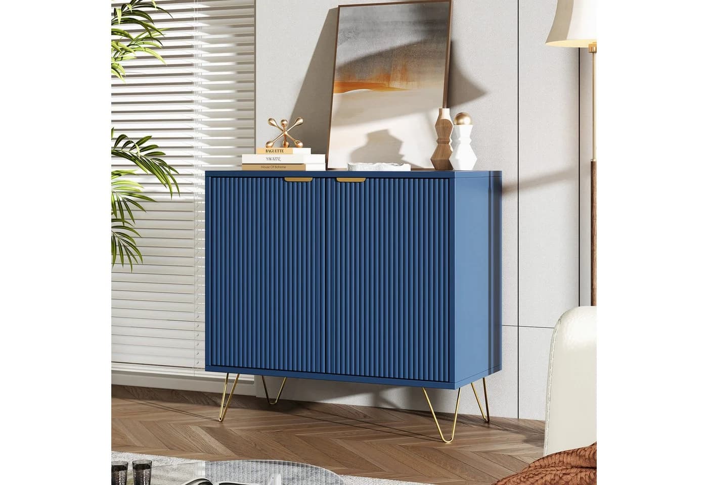 Furnishings Home Sideboard Buffet TV Board Dunkelblau Holz Metall